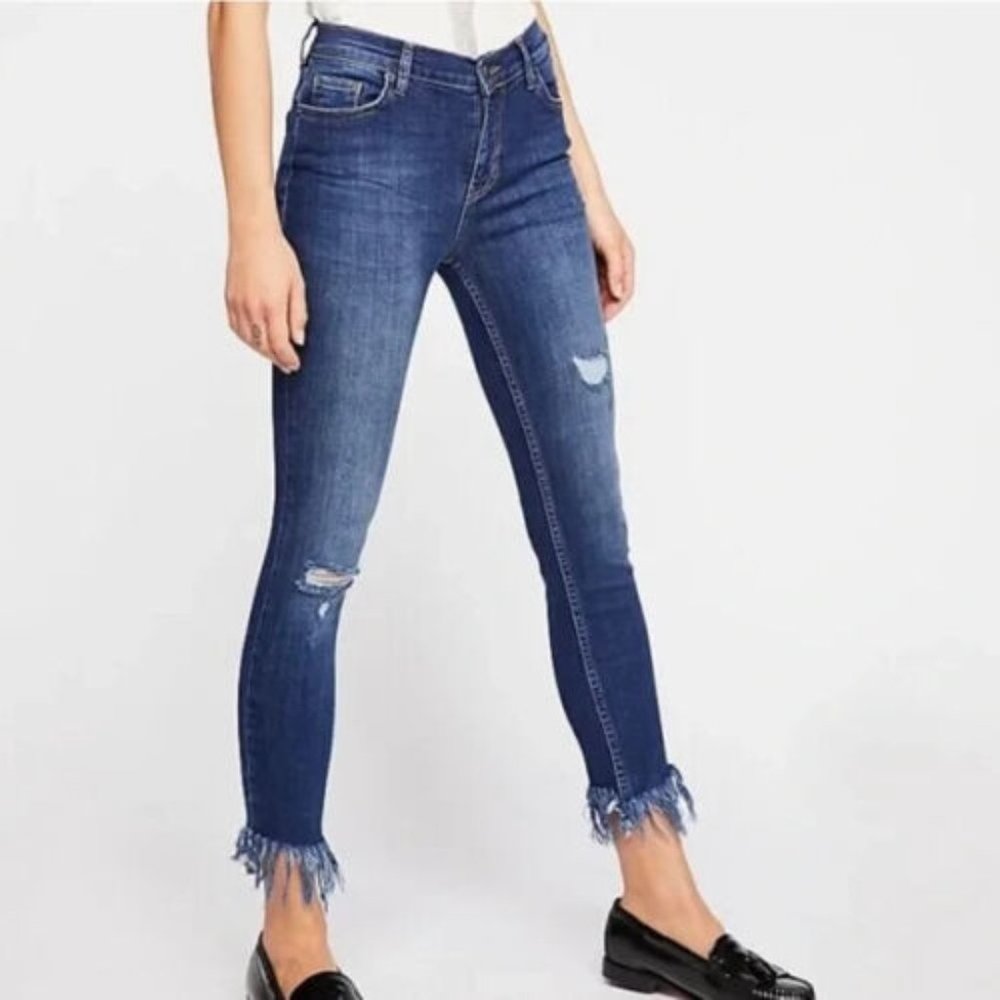 Free People Womens Great Heights Fray Distressed Skinny Jean Size 24 Blue - Picture 1 of 9